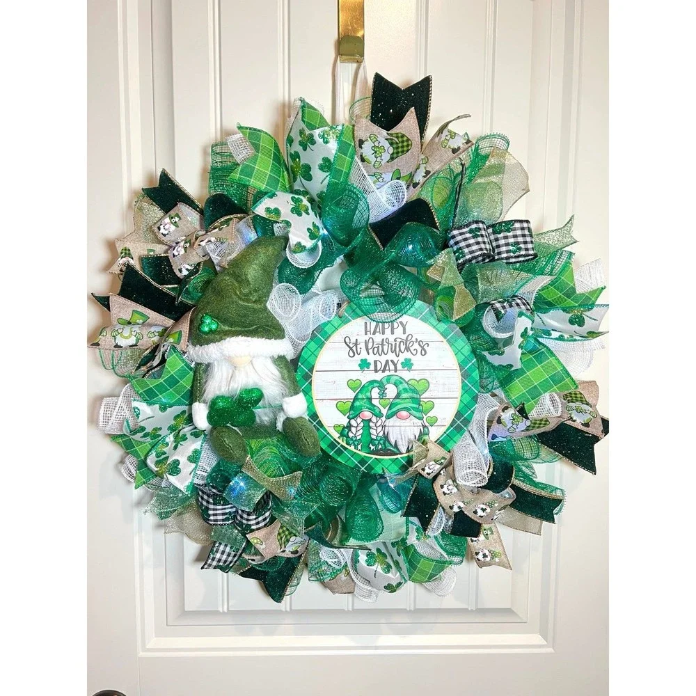 Handmade Happy St. Patrick’s Day Gnome Ribbon Prelit Wreath 22 ins LED W12